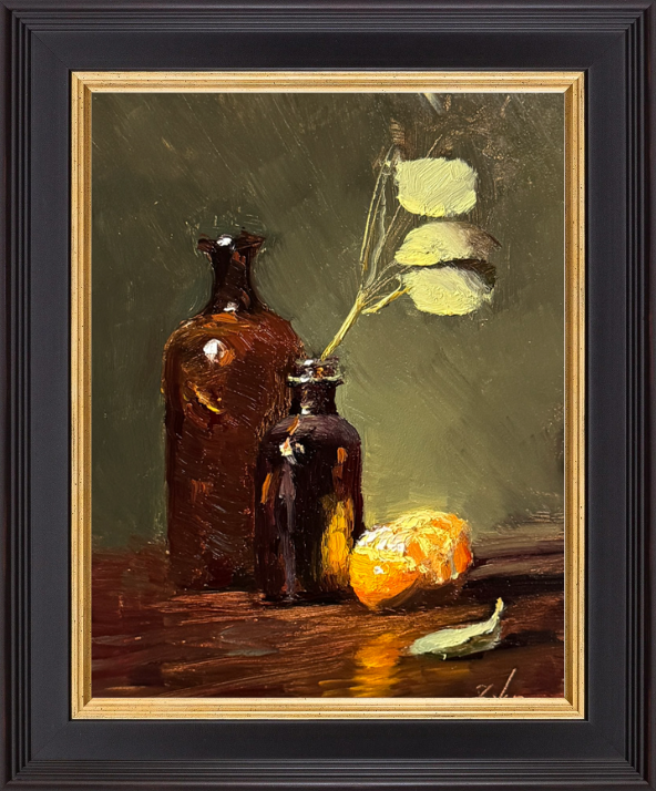 A rich, moody still life painting featuring two antique amber glass bottles, a peeled mandarin, and delicate eucalyptus leaves. The deep earthy tones and luminous highlights create a timeless, classical feel. Perfect for art collectors who appreciate vintage-inspired oil paintings with dramatic lighting and texture.