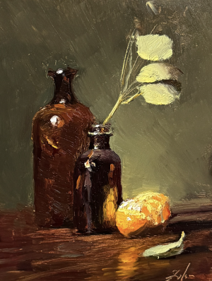 A rich, moody still life painting featuring two antique amber glass bottles, a peeled mandarin, and delicate eucalyptus leaves. The deep earthy tones and luminous highlights create a timeless, classical feel. Perfect for art collectors who appreciate vintage-inspired oil paintings with dramatic lighting and texture.