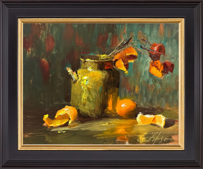 Vibrant still life oil painting of a textured yellow-green ceramic jar with dried orange Chinese lantern plant stems, fresh mandarins, and a partially peeled orange on a reflective surface. The impressionistic brushstrokes and rich autumnal color palette add warmth and depth.