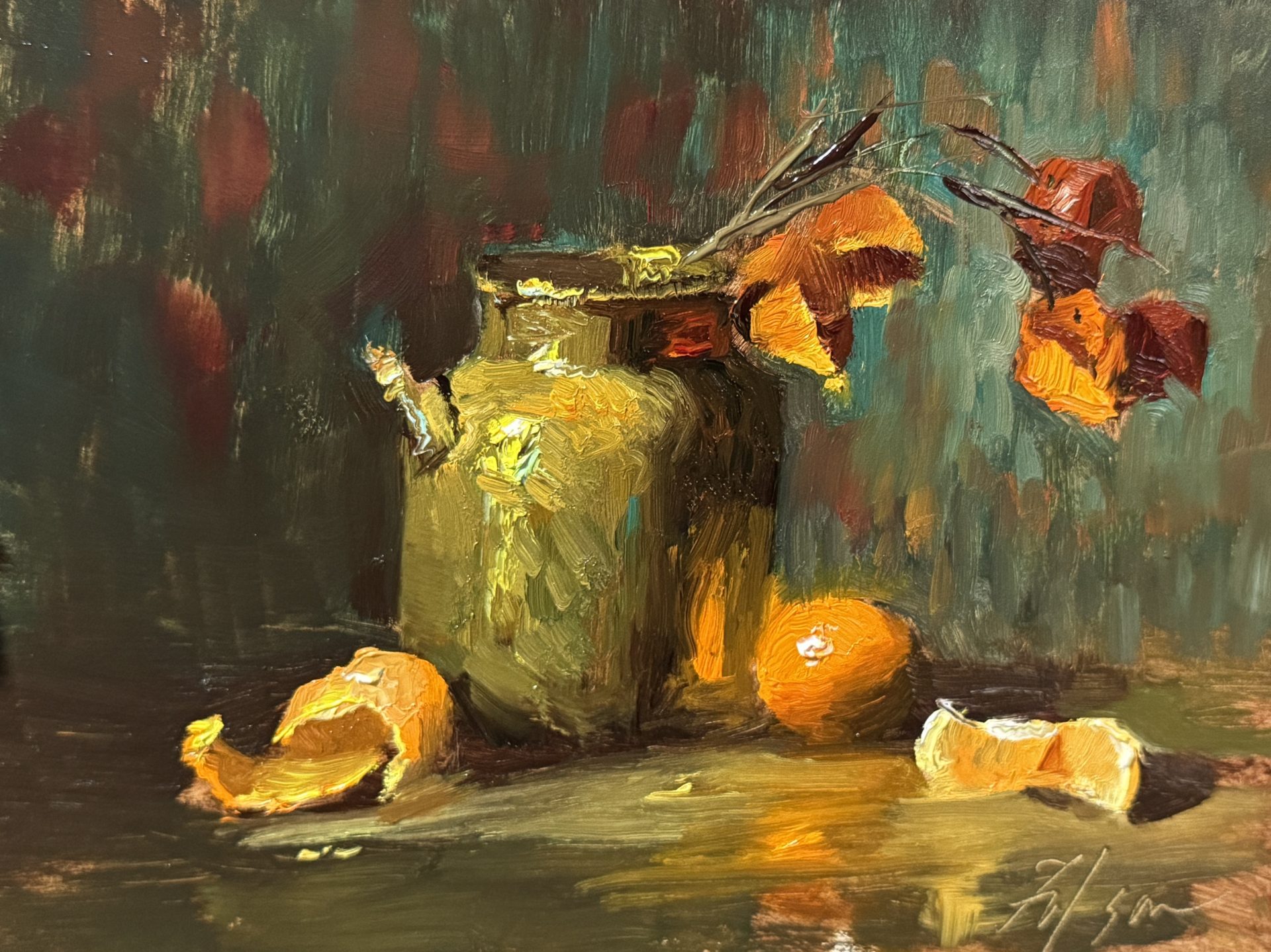 Vibrant still life oil painting of a textured yellow-green ceramic jar with dried orange Chinese lantern plant stems, fresh mandarins, and a partially peeled orange on a reflective surface. The impressionistic brushstrokes and rich autumnal color palette add warmth and depth.