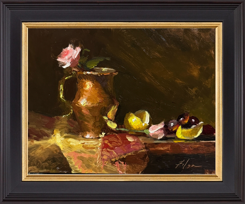 Elegant pink roses in a warm French copper pitcher, surrounded by lemons and dark grapes. This 8x10-inch oil painting captures classic still life charm with dramatic lighting and rich color contrasts.