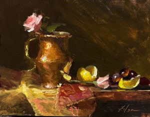Elegant pink roses in a warm French copper pitcher, surrounded by lemons and dark grapes. This 8x10-inch oil painting captures classic still life charm with dramatic lighting and rich color contrasts.