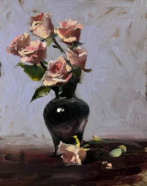 A graceful bouquet of pink roses in a dark vase, set against a soft lavender-hued background. This 8x10-inch oil painting highlights floral beauty with impressionistic brushwork and subtle lighting.