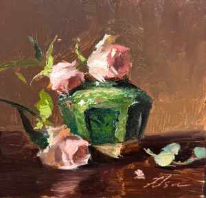 Pink fairy roses in a green glass jar, painted in expressive oil brushstrokes on a 6x6-inch panel. A delicate floral still life with soft petals and rich textures, perfect for art collectors and nature lovers.