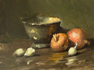 A traditional still life oil painting depicting a rustic pewter bowl accompanied by earthy-hued Spanish onions and garlic cloves, painted in rich textures and warm tones.