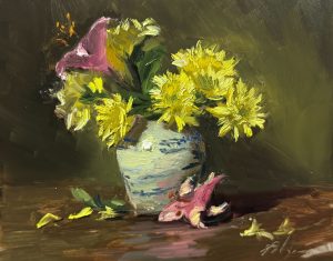 A stunning still life oil painting featuring bright yellow chrysanthemums arranged in an elegant blue-and-white Oriental jar. The rich textures and warm lighting create a timeless composition, set against a soft, atmospheric background.