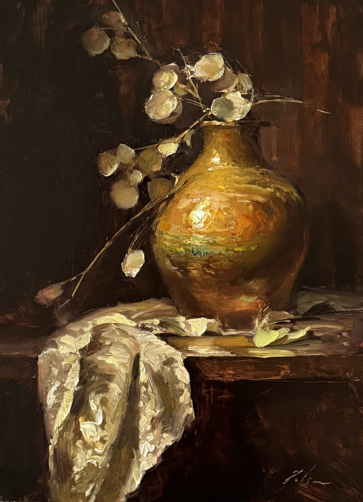 Elegant oil painting featuring a gleaming copper vase with reflective golden tones, set against a dark background. Delicate branches with white leaves add contrast, while a richly textured lace cloth drapes gracefully across the table. A striking still life that evokes warmth and timeless beauty.