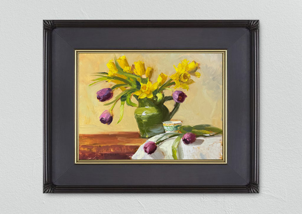 Vibrant oil painting of golden daffodils and rich purple tulips in a green jug, accompanied by a delicate teacup and a softly draped cloth. Impressionist floral still life with bold brushstrokes and warm tones.