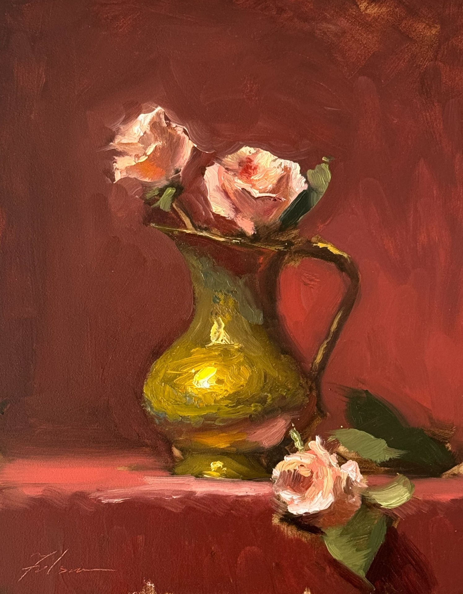 Oil painting of pink roses in a luminous green jug on a red background, capturing a romantic and elegant still life composition with warm tones.
