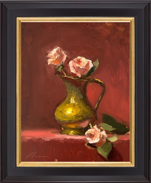 Oil painting of pink roses in a luminous green jug on a red background, capturing a romantic and elegant still life composition with warm tones.