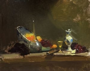 Classical still life oil painting of a fruit arrangement with glassware, a golden goblet, and a ceramic jug on a rustic table, set against a deep earthy background.