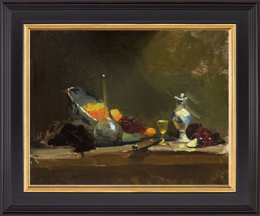 Classical still life oil painting of a fruit arrangement with glassware, a golden goblet, and a ceramic jug on a rustic table, set against a deep earthy background.