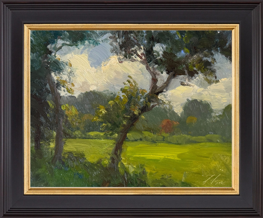 "Sunlit Clearing" offers a glimpse into a peaceful woodland scene, where dappled sunlight filters through the trees onto vibrant green grass. This impressionistic oil painting combines atmospheric depth with loose, painterly strokes, creating a tranquil escape into nature. Great for nature enthusiasts, collectors of impressionist landscapes, and rustic home decor.