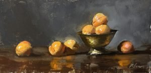 Elegant still life oil painting featuring a brass bowl filled with golden apricots, accompanied by loose fruit on a reflective dark surface, set against a moody gray background.