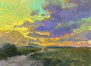 Expressive oil painting of a glowing sunset sky over a quiet country path, featuring dramatic clouds in vibrant shades of yellow, purple, and turquoise above a green landscape.
