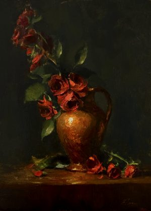 Moody still life oil painting of deep red roses arranged in a warm, burnished copper vase, with scattered petals and leaves on a dark wooden table against a rich, shadowy background.