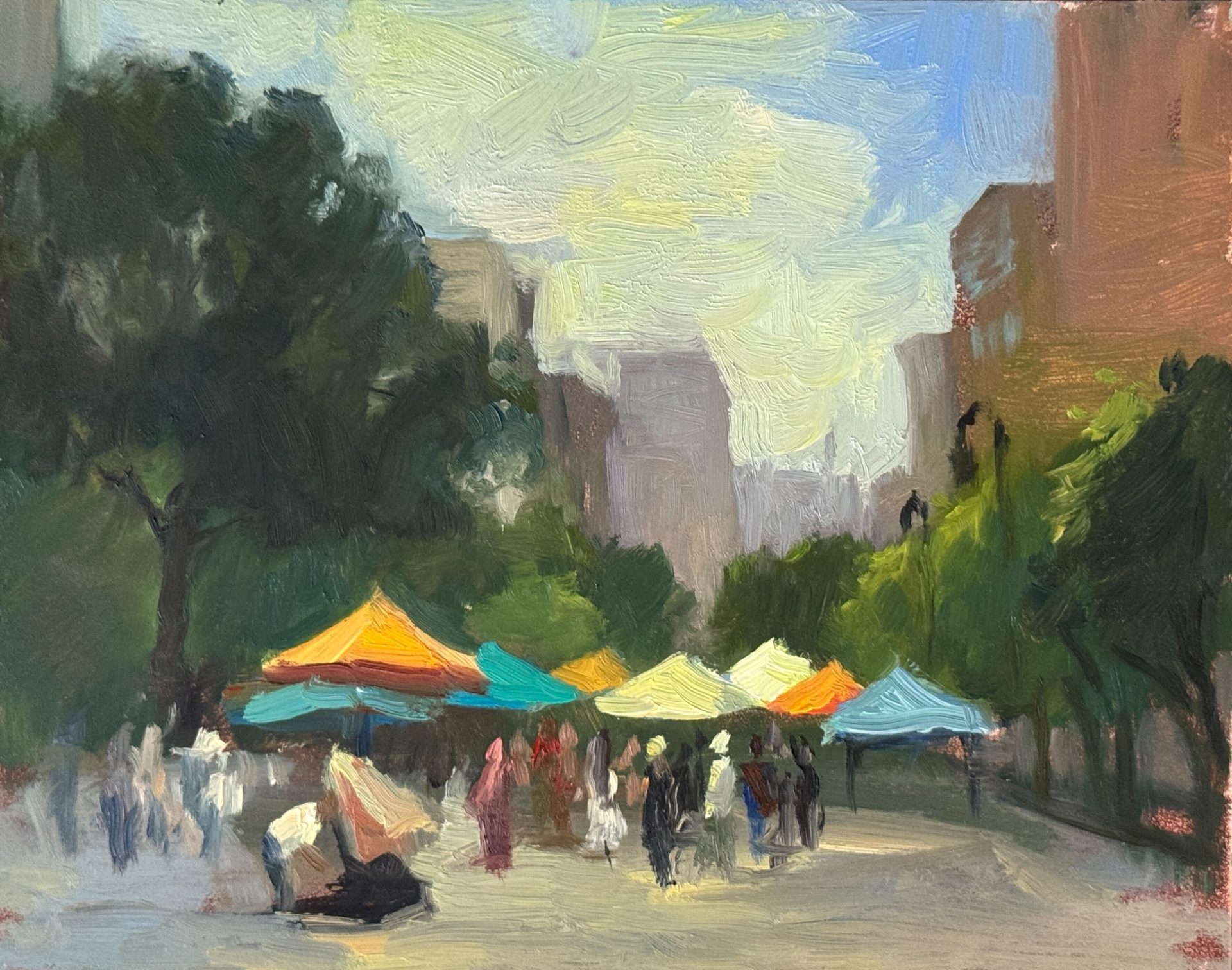 A lively oil painting of a colorful street market with people walking under orange, yellow, and blue tents, framed by tall trees and buildings in a city park.