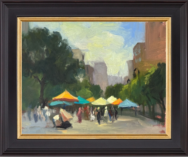 A lively oil painting of a colorful street market with people walking under orange, yellow, and blue tents, framed by tall trees and buildings in a city park.