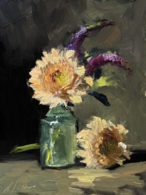 "Gerber Daisies and Glass" is a luminous still life oil painting capturing the delicate textures of blooming gerber daisies in a translucent green jar. The artist’s expressive brushwork and vibrant color palette bring a sense of life and motion to this intimate composition. Ideal for collectors of floral still lifes, impressionist oil paintings, or modern botanical art.