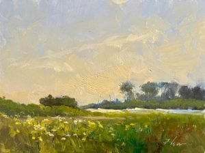 Step into the peaceful glow of an early morning with this 9x12 original oil painting, Golden Meadow Morning. Featuring a tranquil field of wildflowers under soft golden skies, this impressionist landscape captures the serenity of rural nature. Painted with rich texture and vibrant greens, it's perfect for lovers of countryside art, calming decor, and plein air painting. A beautiful addition to any rustic, farmhouse, or nature-inspired space.