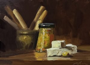 Still life oil painting featuring a jar of olives, feta cheese blocks, breadsticks, and a single green olive on a wooden surface, 10x8 inches on panel