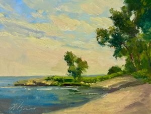 Impressionist oil painting of a tranquil lakeshore with sandy beach, lush green trees, and a soft cloudy sky reflecting in calm blue water.
