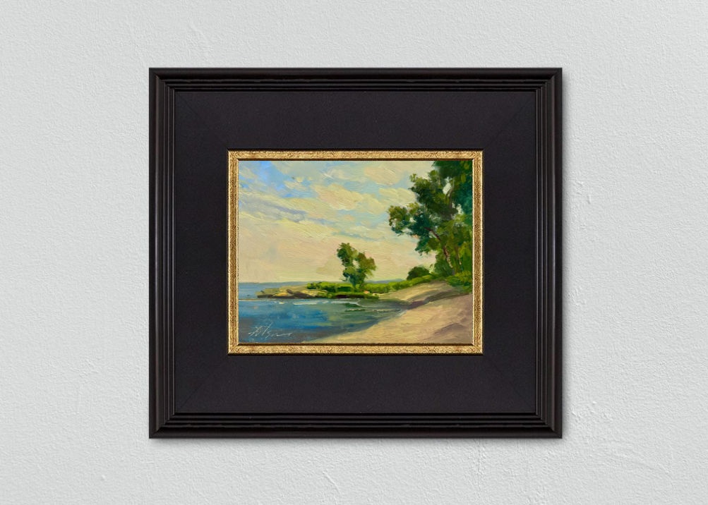 Impressionist oil painting of a tranquil lakeshore with sandy beach, lush green trees, and a soft cloudy sky reflecting in calm blue water.