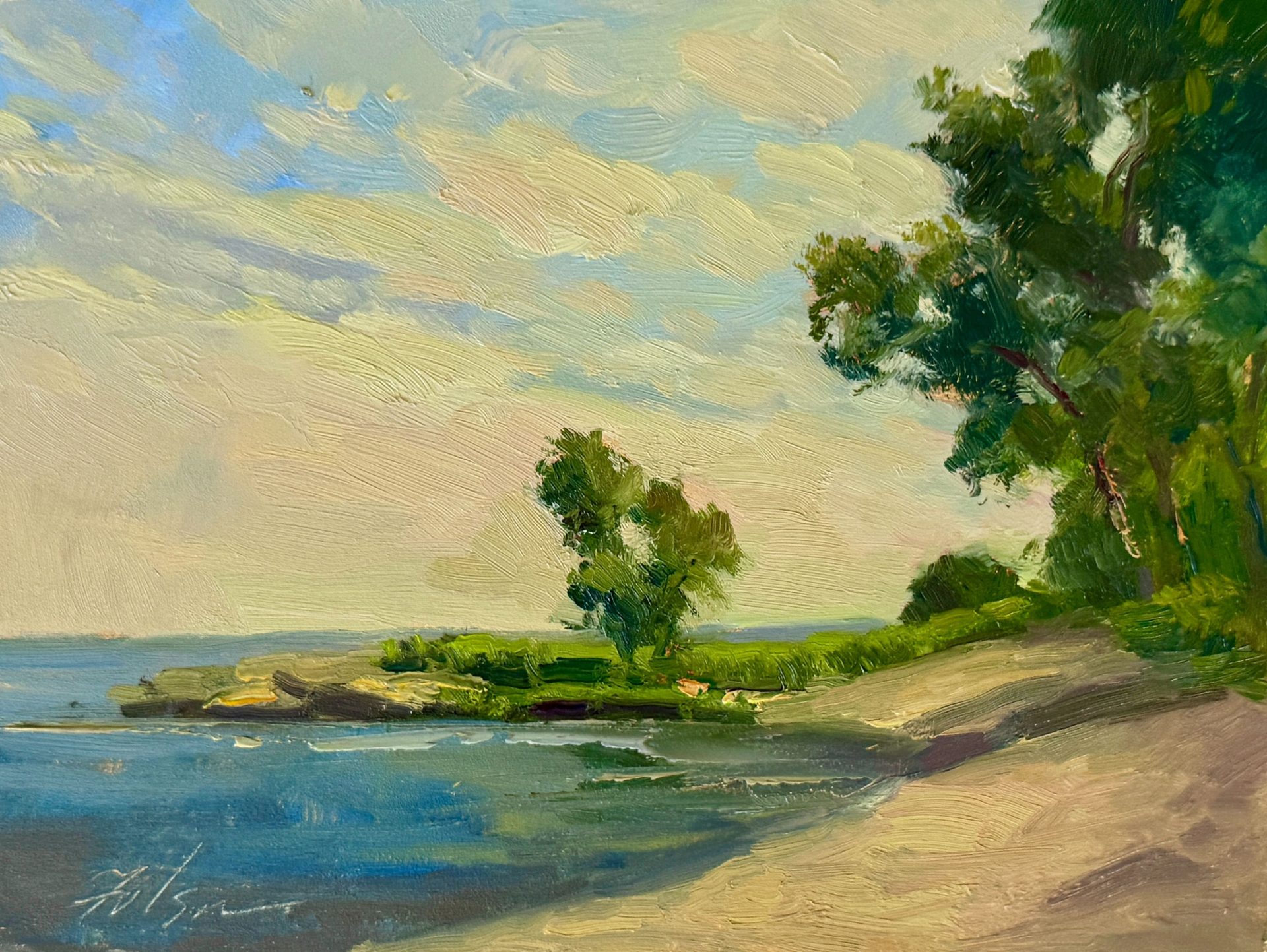 Impressionist oil painting of a tranquil lakeshore with sandy beach, lush green trees, and a soft cloudy sky reflecting in calm blue water.