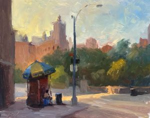 An oil painting of a quiet urban street corner with a hot dog vendor under a blue and yellow umbrella, surrounded by warm sunlight and distant city buildings.