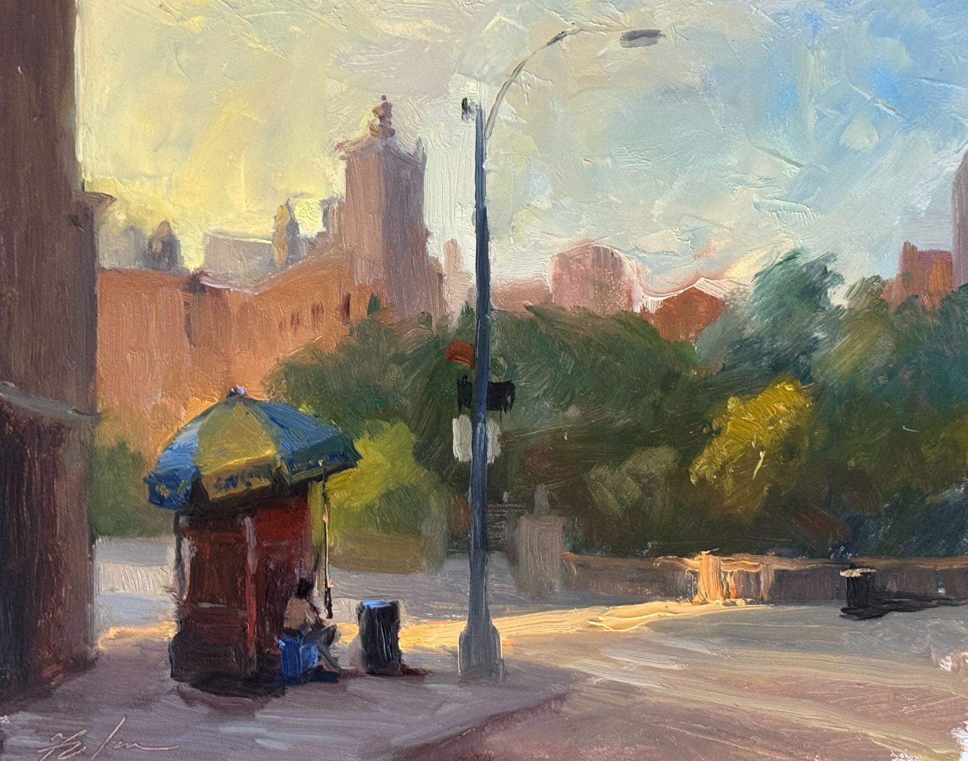 An oil painting of a quiet urban street corner with a hot dog vendor under a blue and yellow umbrella, surrounded by warm sunlight and distant city buildings.