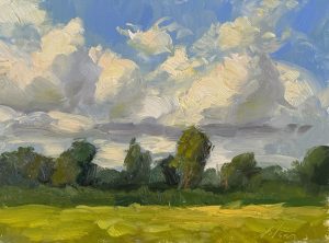 "Summer Clouds Over Fields" is a vivid landscape oil painting depicting a serene meadow beneath billowing summer clouds. The painter's impasto technique and bold brushstrokes emphasize the shifting sky and lush tree line, evoking the calm and beauty of open countryside. A perfect piece for lovers of plein air art and traditional landscape painting.