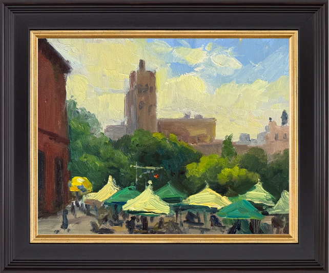 A vibrant plein air painting of an urban outdoor market scene with colorful tents under leafy trees and tall city buildings.