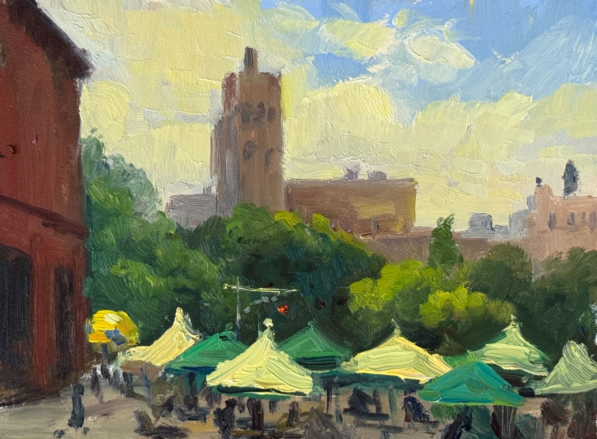 A vibrant plein air painting of an urban outdoor market scene with colorful tents under leafy trees and tall city buildings.