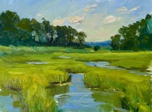 Landscape oil painting of a vibrant green marsh with reflective blue water, surrounded by lush trees under a bright blue sky on a sunny day.