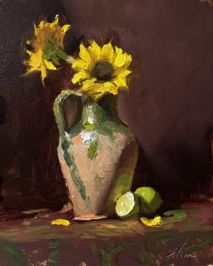 Oil painting of bright yellow sunflowers in a rustic green confit jar with sliced limes on a rich burgundy backdrop, 8x10 inches on panel