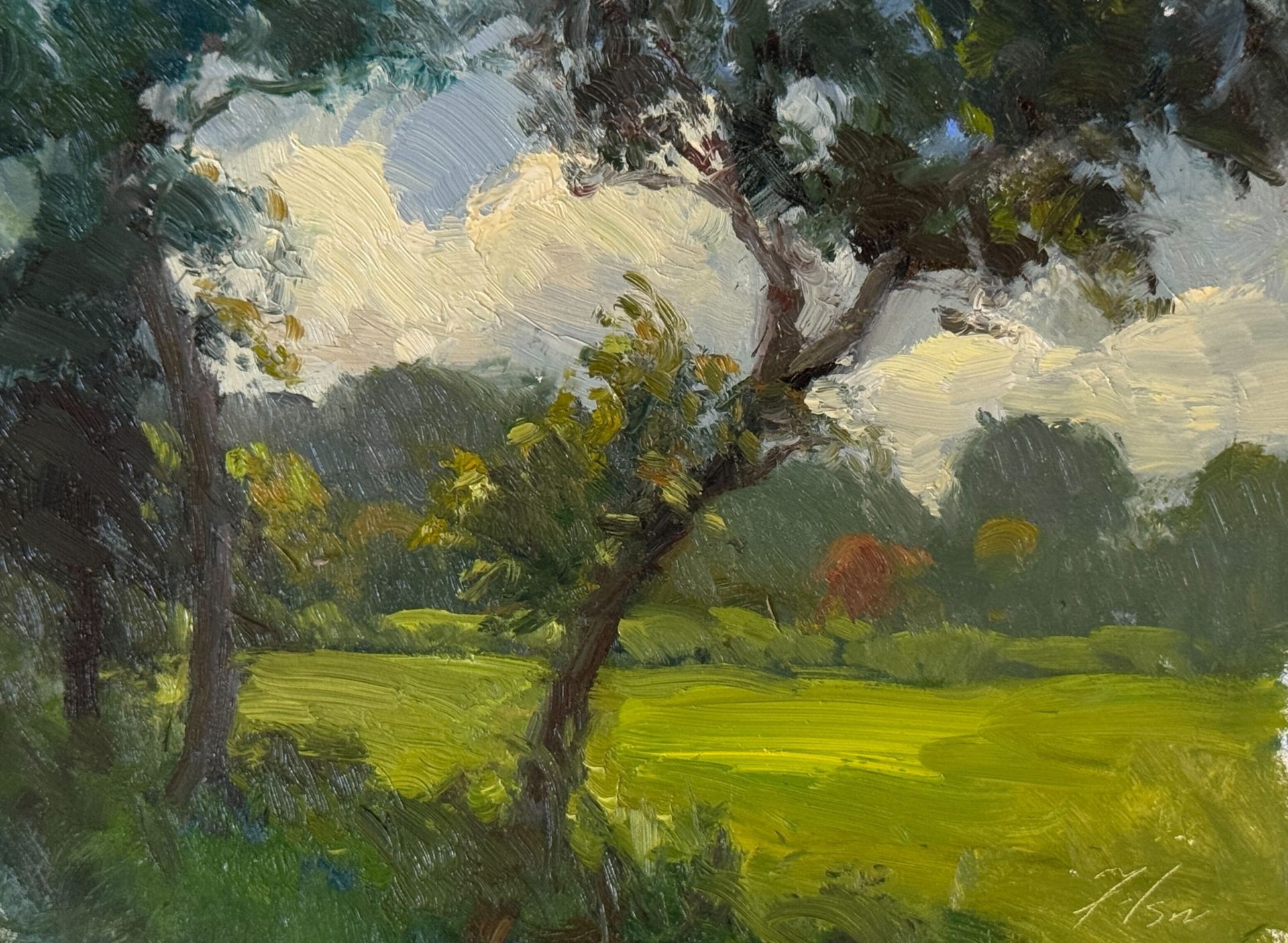 "Sunlit Clearing" offers a glimpse into a peaceful woodland scene, where dappled sunlight filters through the trees onto vibrant green grass. This impressionistic oil painting combines atmospheric depth with loose, painterly strokes, creating a tranquil escape into nature. Great for nature enthusiasts, collectors of impressionist landscapes, and rustic home decor.