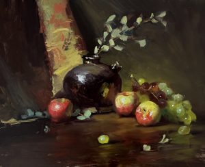 A warm still life featuring red and yellow apples, clusters of grapes, and a glossy black vase against a rich backdrop.