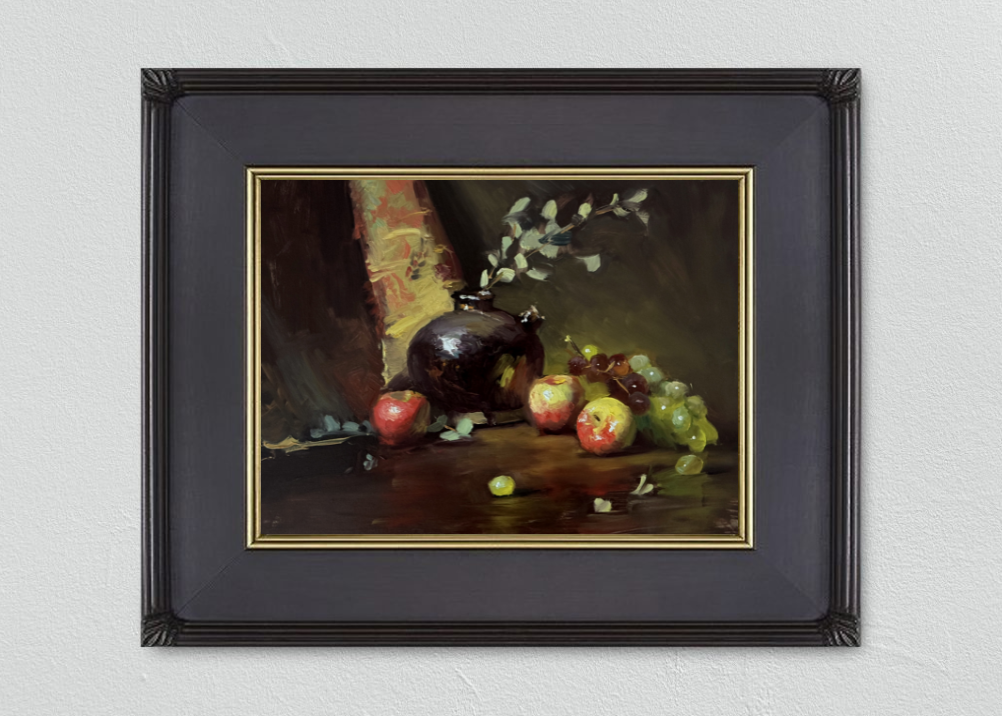 A warm still life featuring red and yellow apples, clusters of grapes, and a glossy black vase against a rich backdrop.