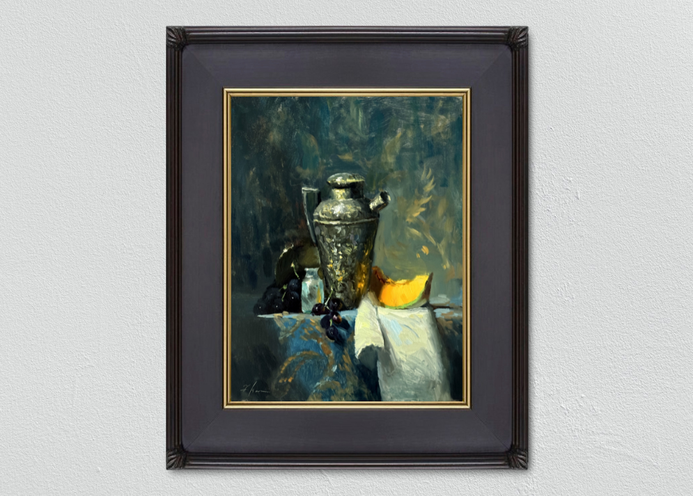 A classic still life oil painting featuring a reflective pewter pitcher, a slice of cantaloupe, dark grapes, and a patterned blue tablecloth with soft lighting and rich textures.