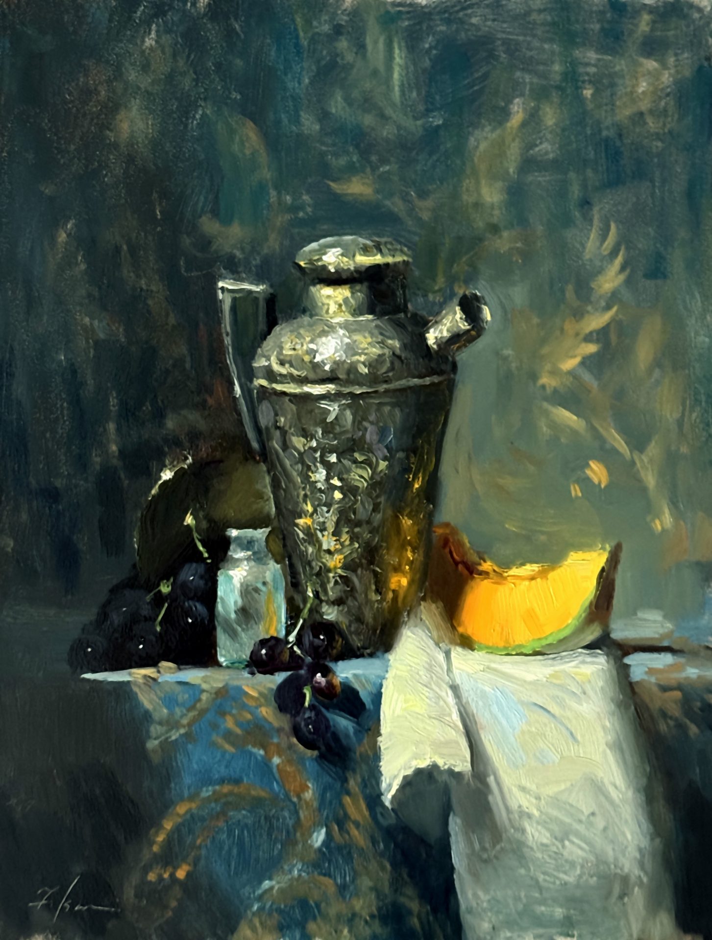 A classic still life oil painting featuring a reflective pewter pitcher, a slice of cantaloupe, dark grapes, and a patterned blue tablecloth with soft lighting and rich textures.