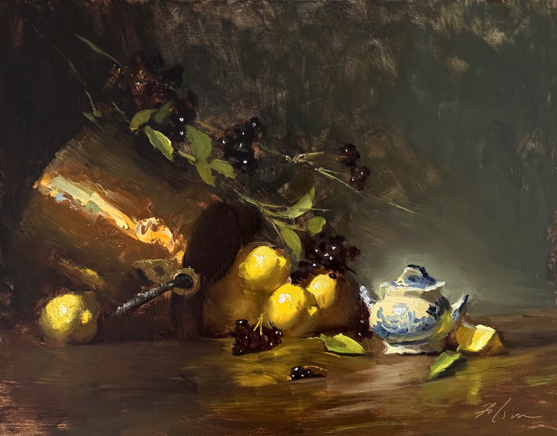 A warm, moody still life painting of bright lemons spilling from a copper pot, intertwined with bramble and berries, beside a small blue-and-white porcelain vessel on a dark surface.