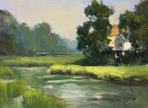 A peaceful landscape oil painting of a marsh with lush green grasses and still water, leading to a distant white house partially hidden behind tall trees, under a soft sky.