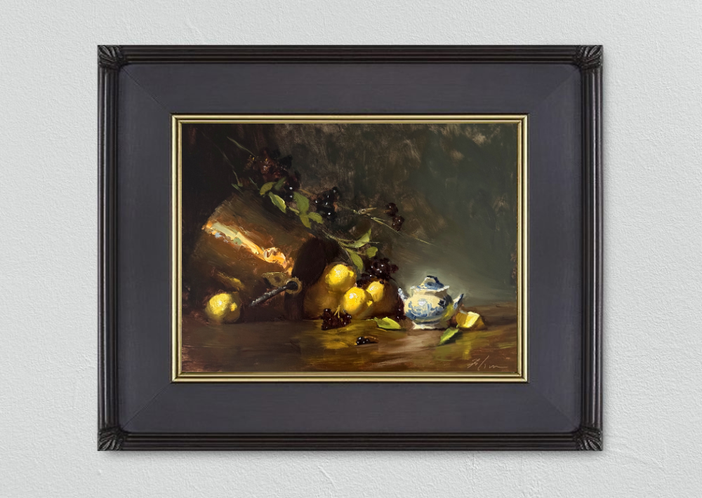 A warm, moody still life painting of bright lemons spilling from a copper pot, intertwined with bramble and berries, beside a small blue-and-white porcelain vessel on a dark surface.