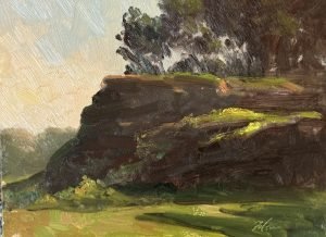This dramatic rock formation rises like a sentinel above the green meadow, its rugged face catching the very first glow of the morning sun. Pockets of golden light spill across the grass and kiss the edges of moss and stone, while the trees above cast deep, sheltering shadows. Painted on location, this work is a study in contrasts—light and dark, strength and softness, stillness and the quiet arrival of a new day.