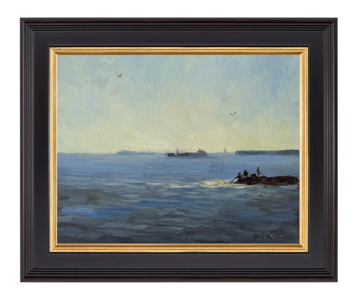 In this serene seascape, the water lies still beneath a pale sky, holding the delicate balance between calm and quiet industry. A distant barge glides along the horizon, its slow journey mirrored by the patient fisherman in the foreground, each hoping for their daily reward. Above, gulls drift effortlessly, scanning the water for their next meal or a place to rest. Painted from life, this piece captures not only the beauty of the sea but also the rhythm of the lives it sustains.