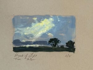 Small gouache landscape painting on paper by Kelli Folsom titled ‘Streak of Light,’ with golden sunlight breaking through dramatic blue and gray clouds over water and silhouetted trees.