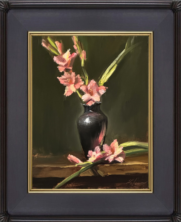 Oil painting of soft pink gladiolus flowers arranged in a tall dark vase, with blossoms resting gracefully on a wooden table, elegant floral still life artwork.