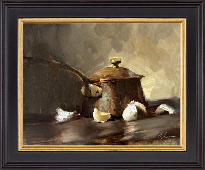 Still life oil painting of a rustic French copper saucepan surrounded by garlic cloves on a dark wooden surface.