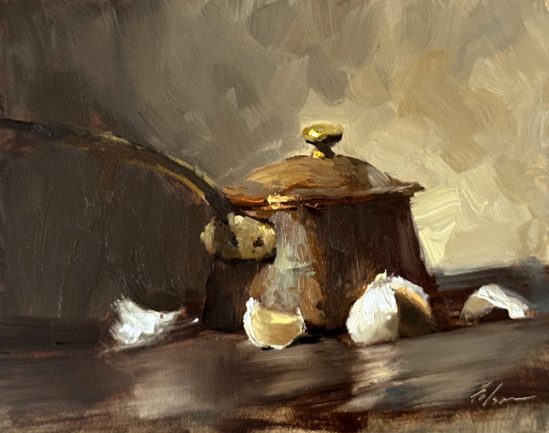 Still life oil painting of a rustic French copper saucepan surrounded by garlic cloves on a dark wooden surface.