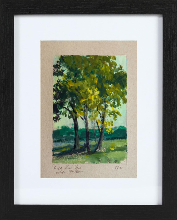 Gouache painting of three tall trees with golden-green leaves, sunlight filtering through the branches, and soft green shadows on the ground.